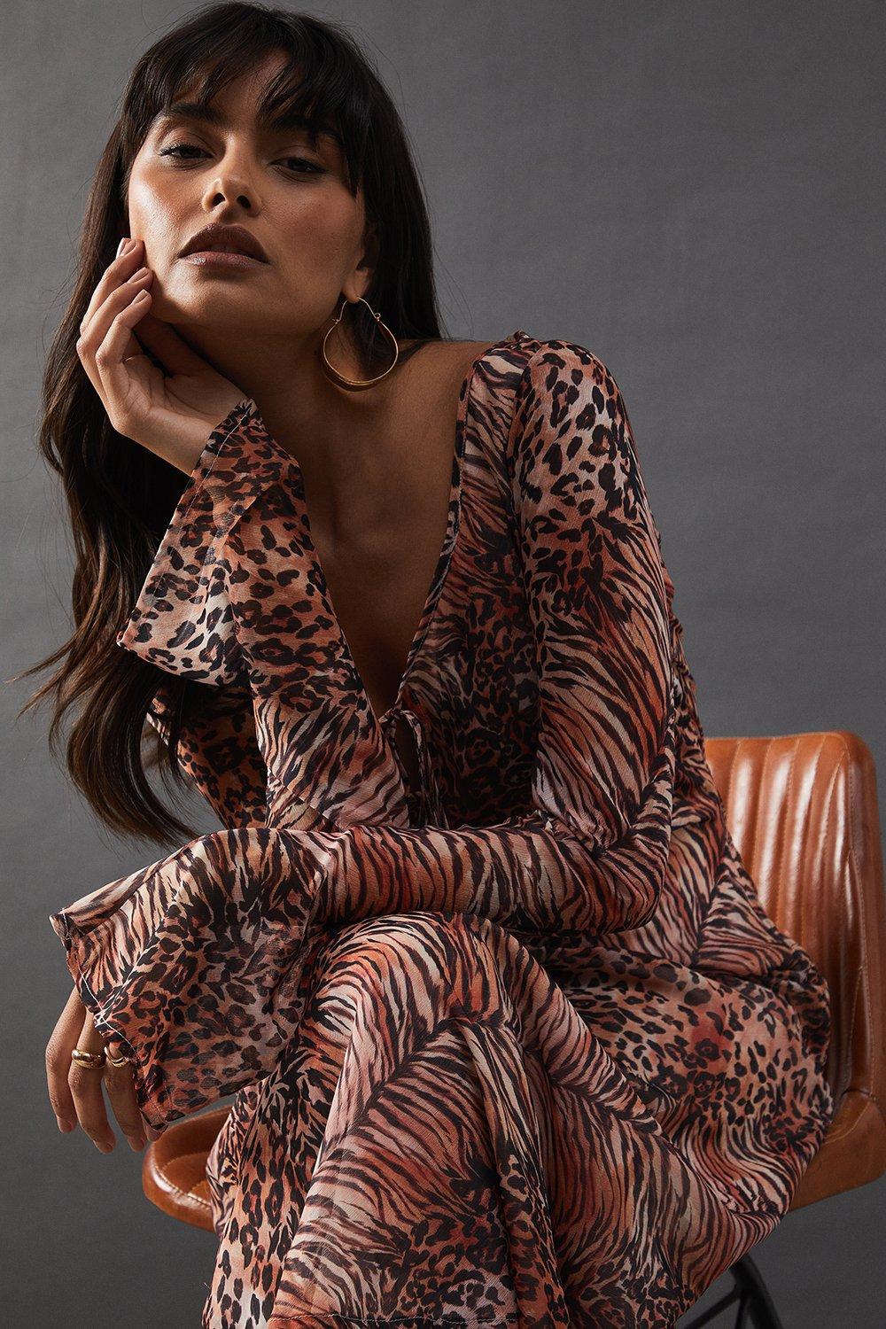 Warehouse Chiffon Tie Keyhole Front Bias Midi Dress Animal image 2