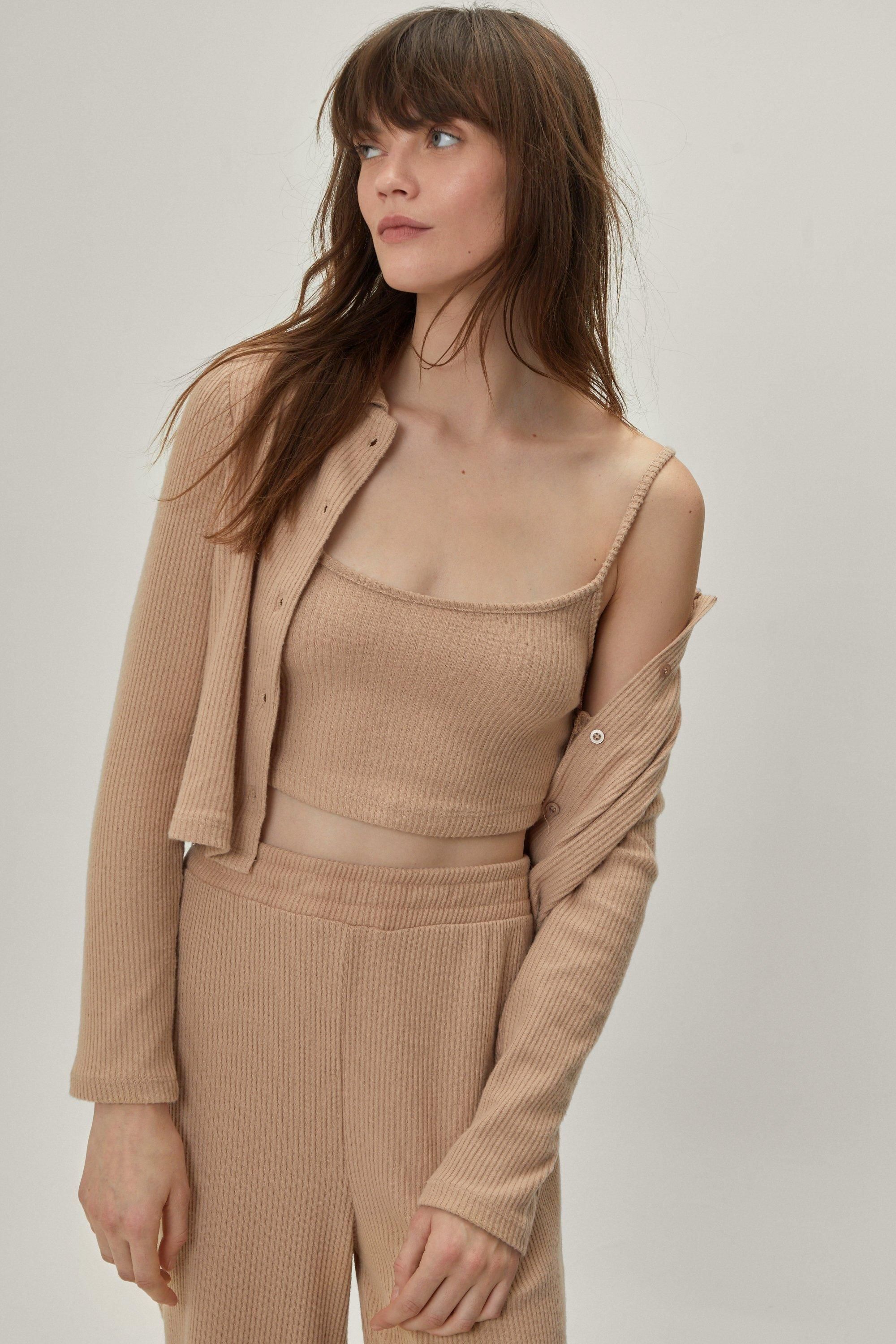 NastyGal Ribbed 3pc Wide Leg Trouser Lounge Set Oatmeal image 4