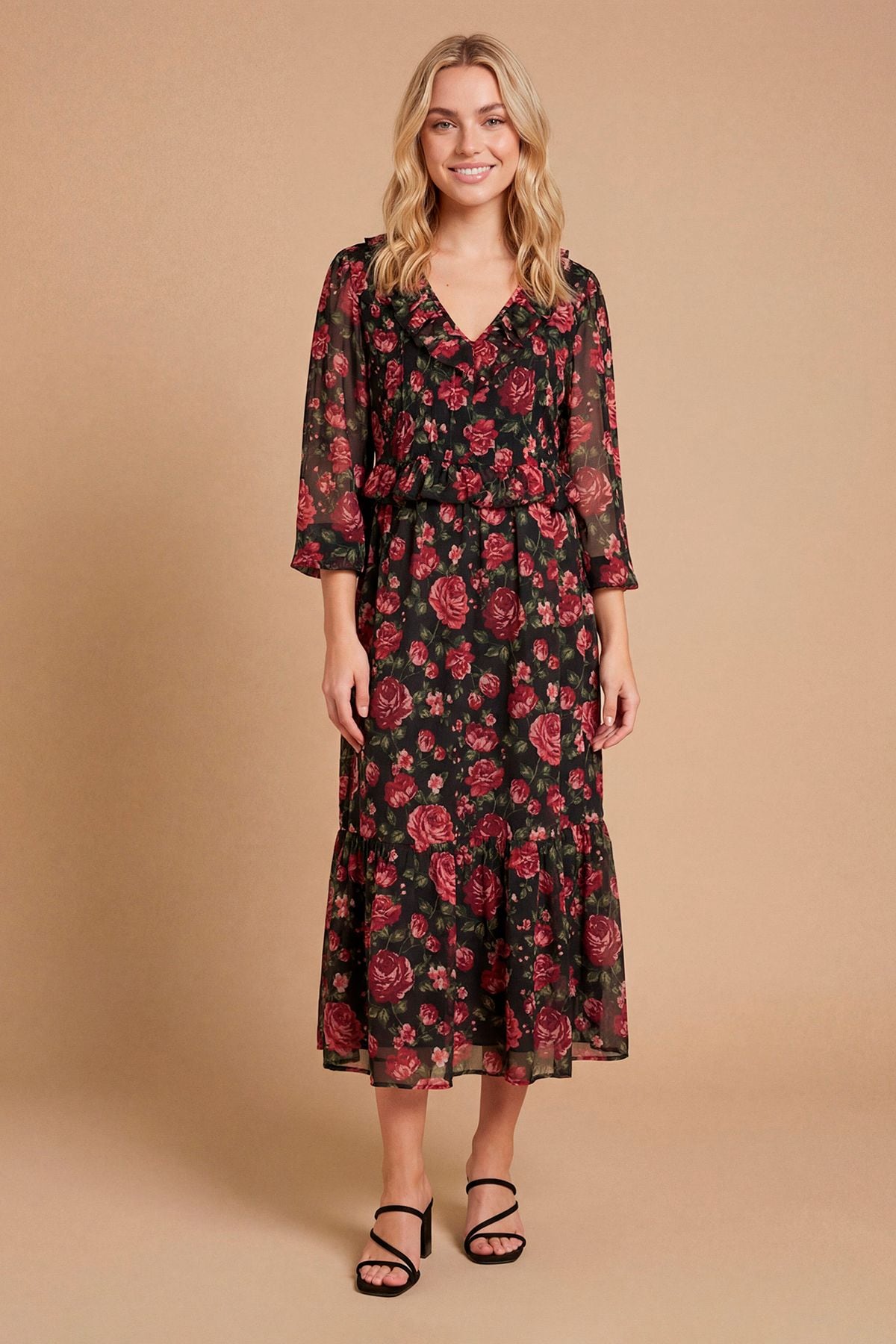 Dorothy Perkins Petite Floral Pleat Bodice Ruffle Neck Blouson Sleeve Maxi Dress Floral
