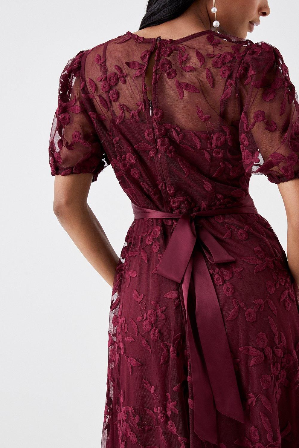 Coast Petite Embroidered Mesh Puff Sleeve Midi Dress Aubergine image 4