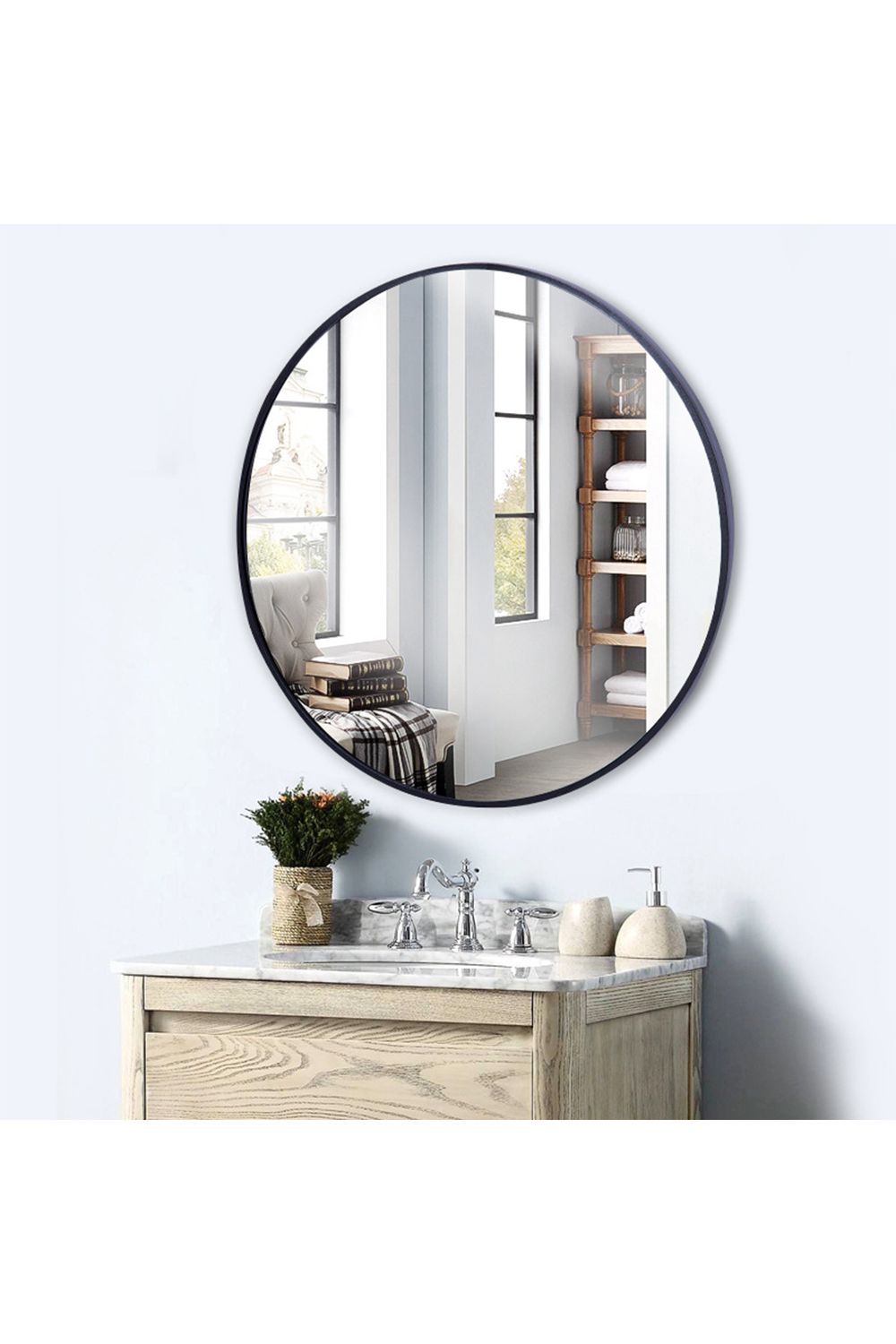 Living and Home 80cm Nordic Black Round Wall-Mounted Bathroom Mirror Metal Frame for Bedroom or Hallway image 3