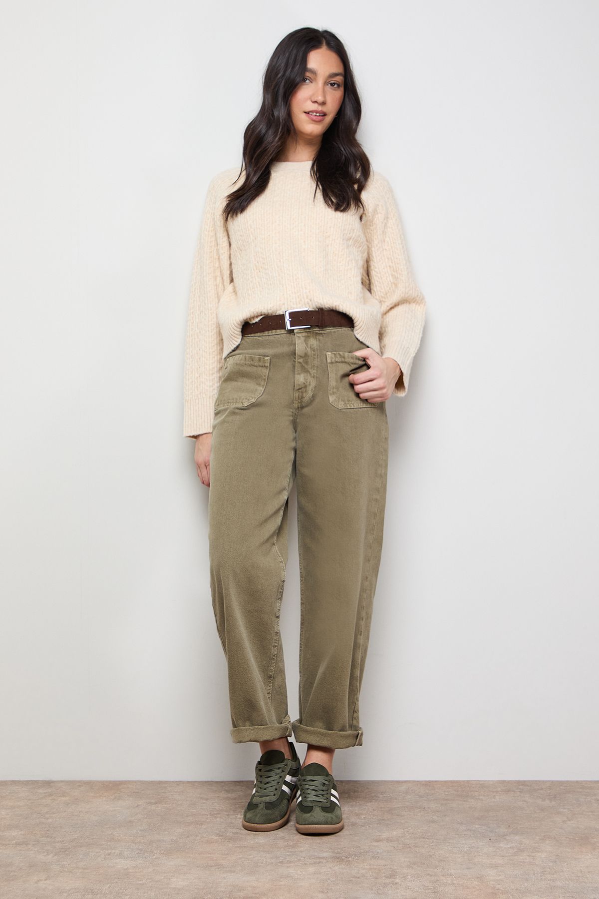 Oasis Jenna Faux Suede Mesh Detail Lace Up Trainers Khaki image 2