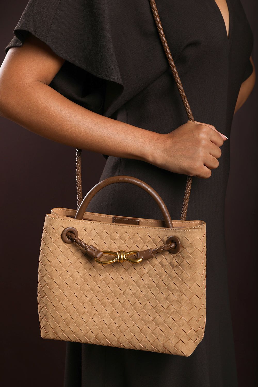 Where's That From 'Luna' Woven Leather Tote Bag With Gold Detail