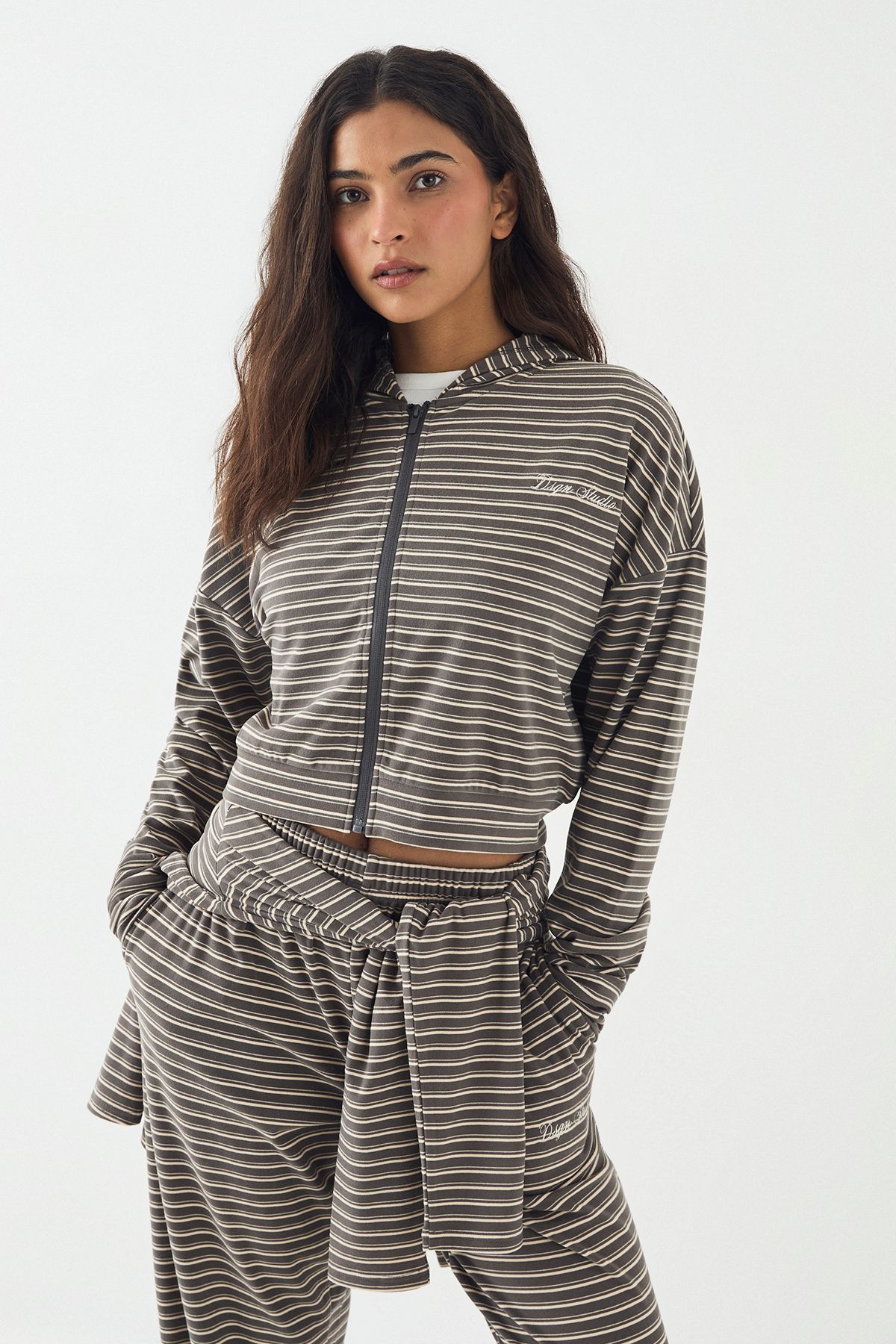 DSGN Studio DSGN Studio Soft Stripe Boxy Crop Zip Through Hoodie Charcoal image 1