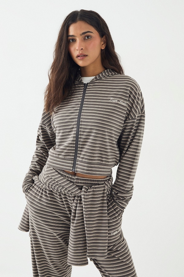 DSGN Studio DSGN Studio Soft Stripe Boxy Crop Zip Through Hoodie Charcoal