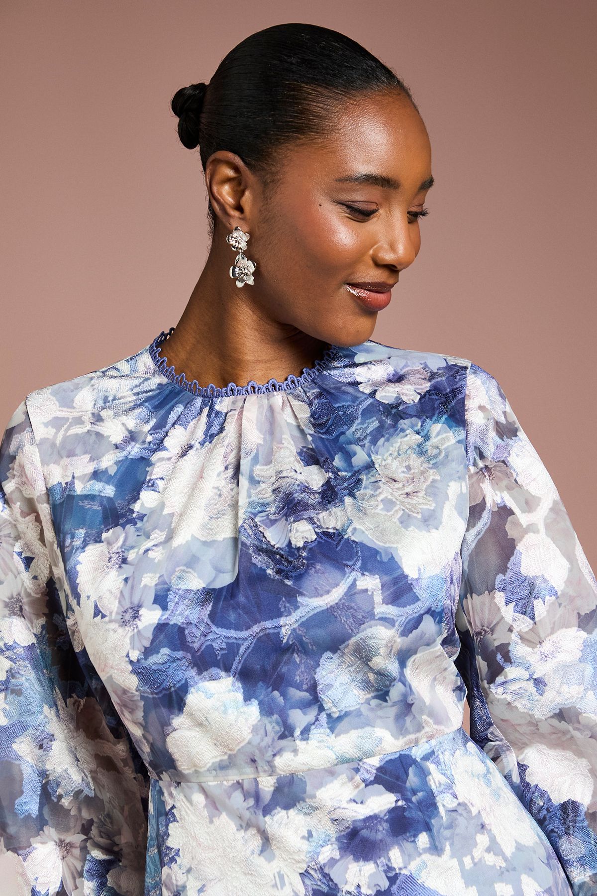 Coast Printed Satin Jacquard Volume Dress Navy image 4