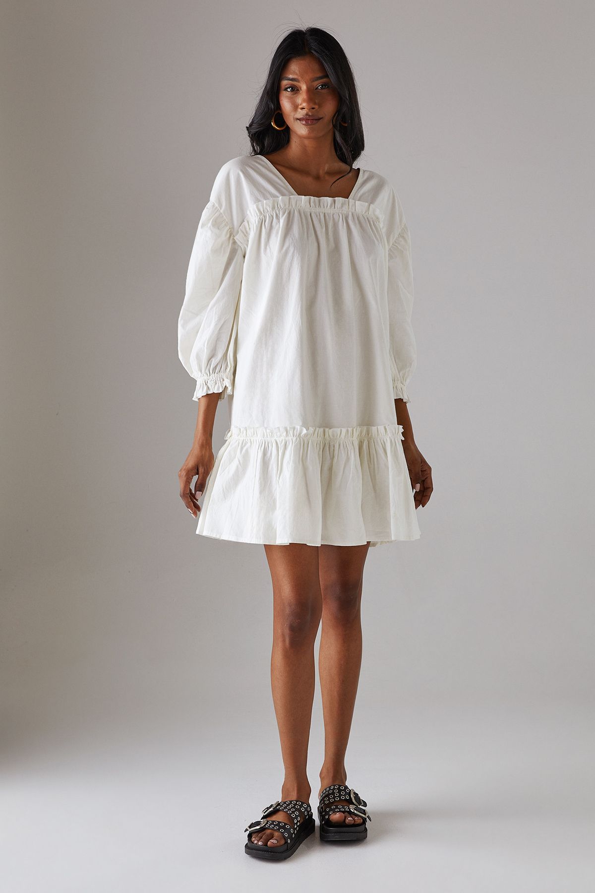Warehouse Poplin Frill Balloon Sleeve Mini Smock Dress White image 4