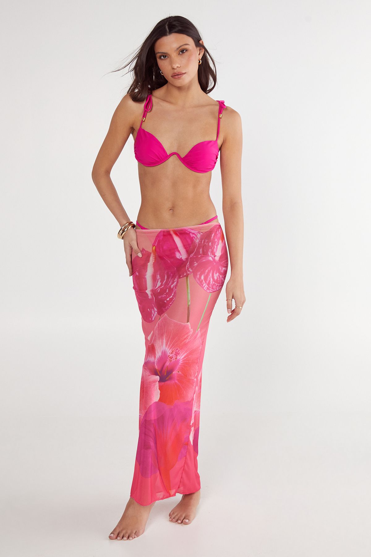 NastyGal V Wire Tie Shoulder Placement Print Flower Maxi Skirt 3pc Set Pink