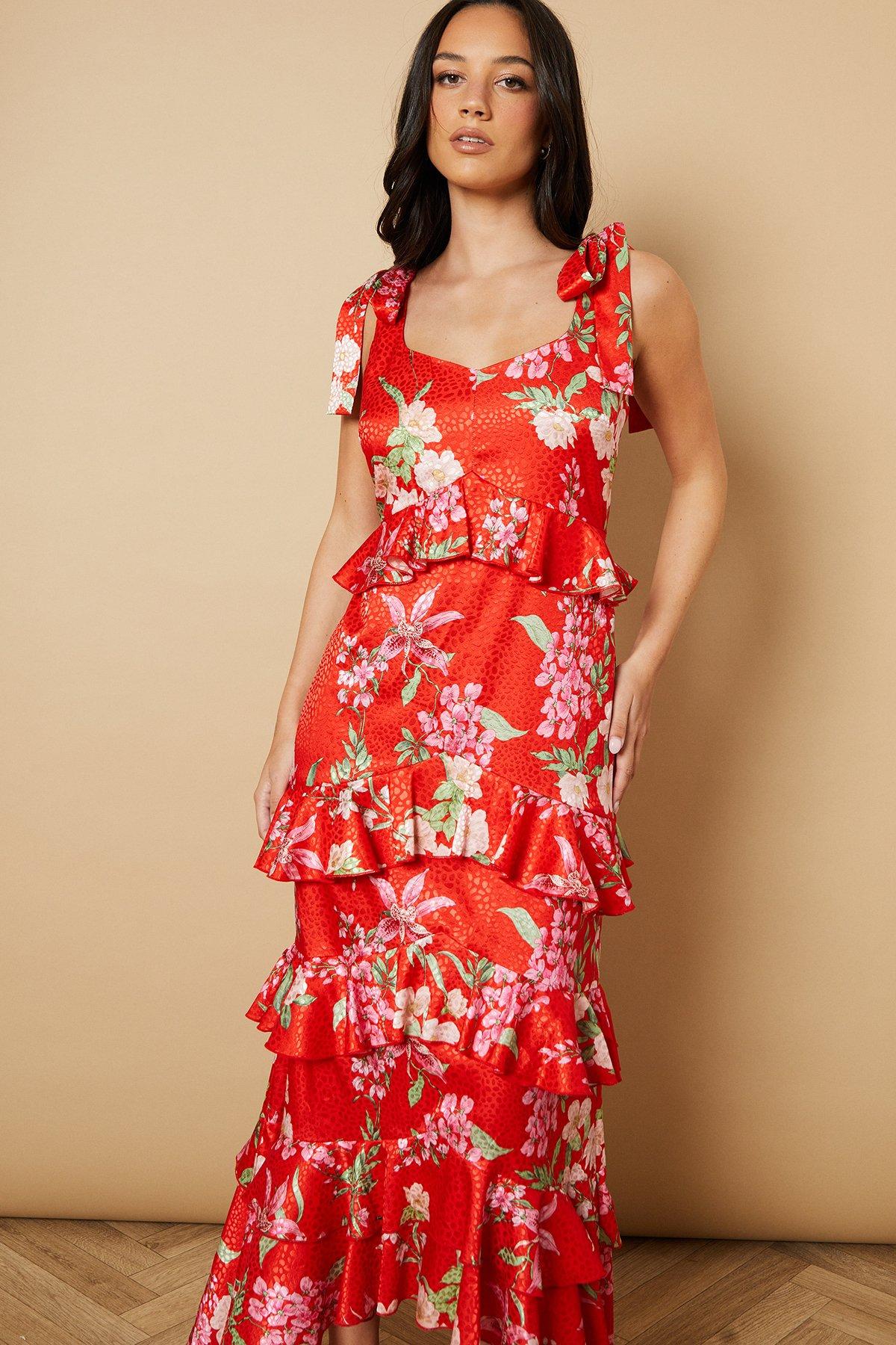 Oasis Red Printed Satin Jacquard Tiered Midi Dress | PrettyLittleThing