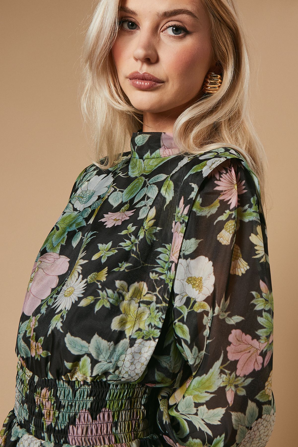 Oasis Floral Organza Shirred Waist Tie Back Mini Dress Black image 2