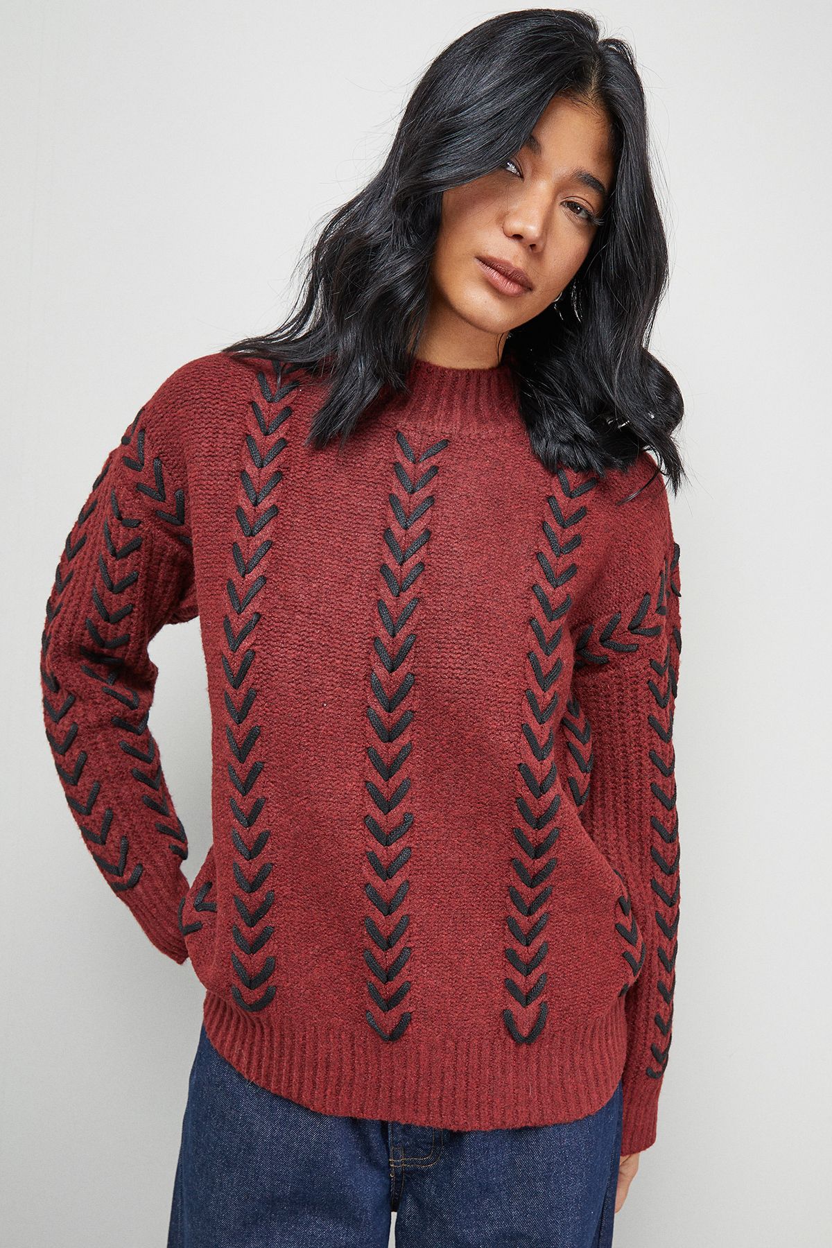 Warehouse Whipstitch Detail Oversized Jumper Dark Red