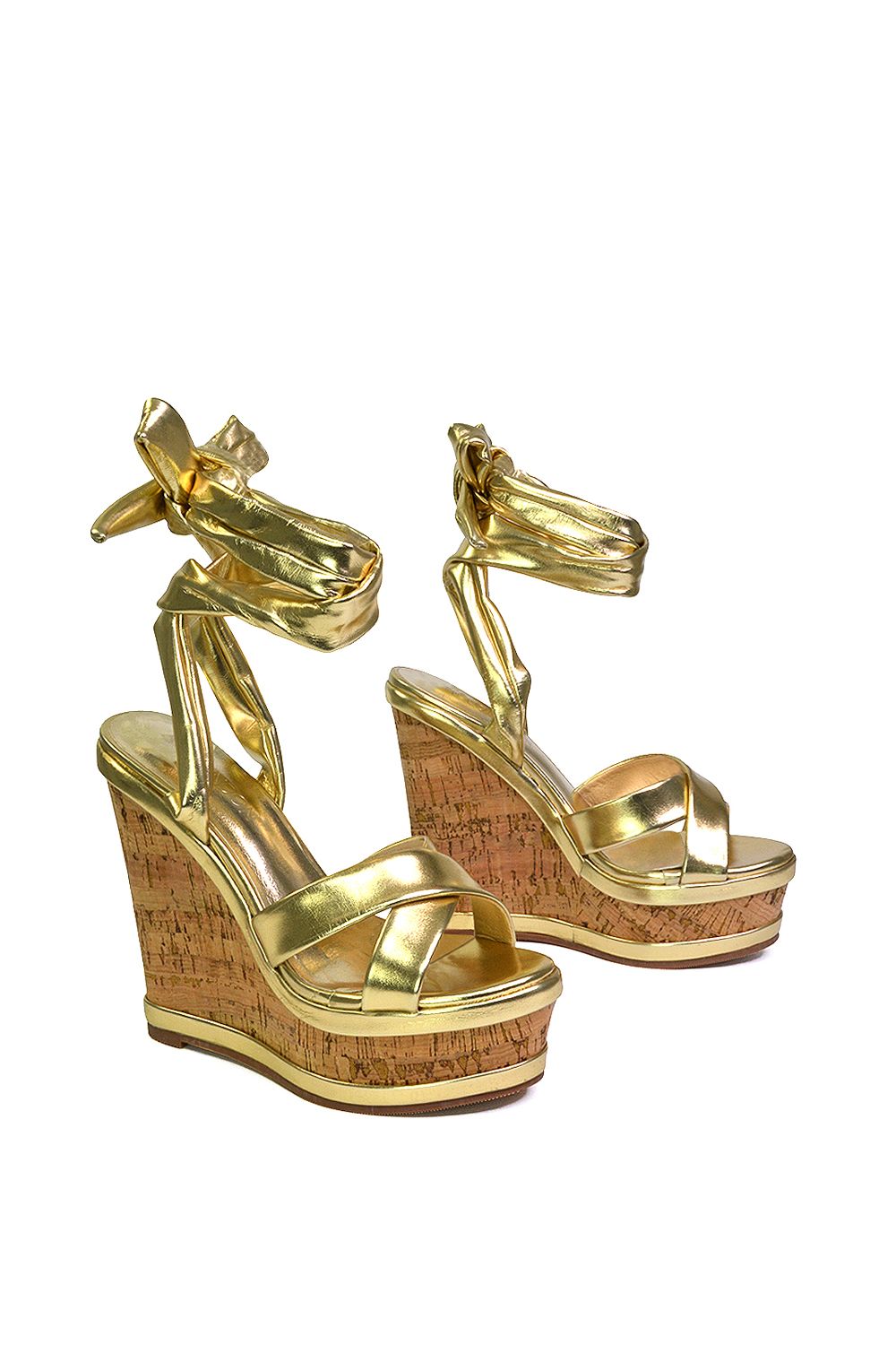 XY London 'Kammie' Lace Up Strappy Cork Platform Wedge Heel Sandal Shoes image 4