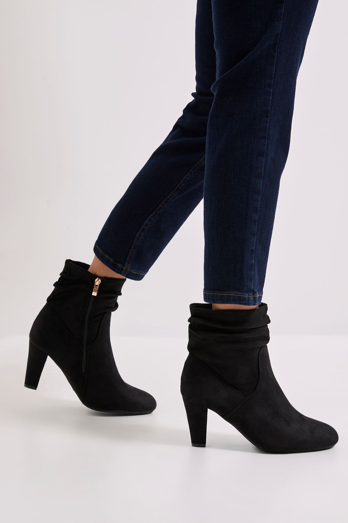 Dorothy Perkins Ally Faux Suede Ruched High Heeled Ankle Boots Natural Black image 2