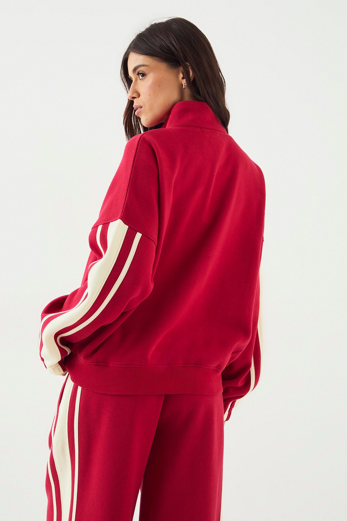 DSGN Studio DSGN Studio Side Stripe Funnel Neck Oversized Bomber Sweatshirt Red image 2