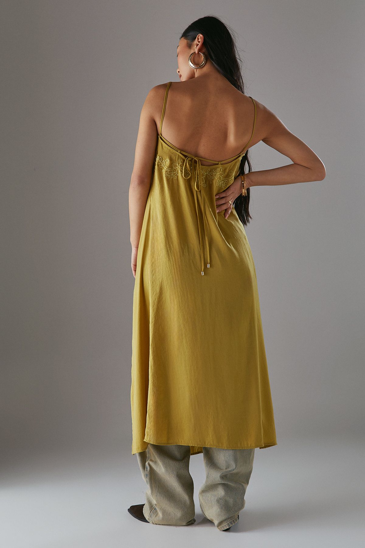 Warehouse Petite Metallic Embroidered Satin Maxi Cami Top Olive image 4