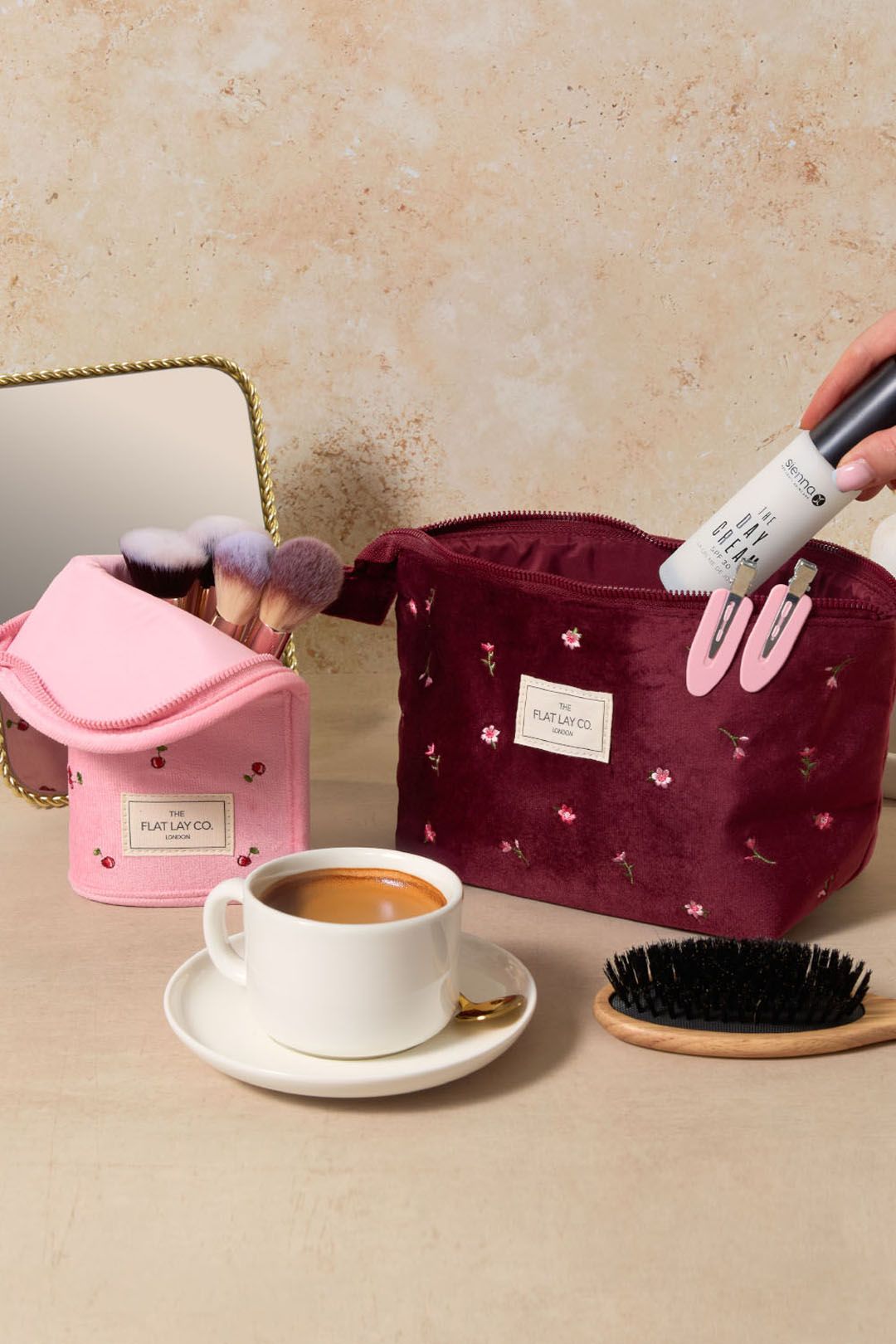 The Flat Lay Co Essential Makeup Pouch - Ditsy Roses & Flowers Burgundy Embroidered Velvet Multi image 7