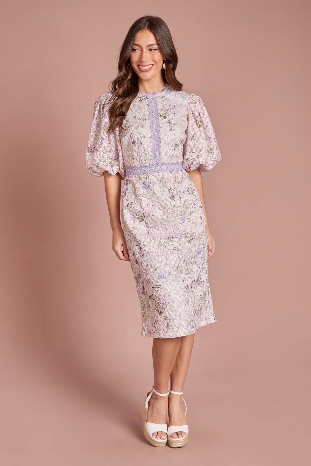 Coast Printed Lace Puff Sleeve Pencil Dress Lilac