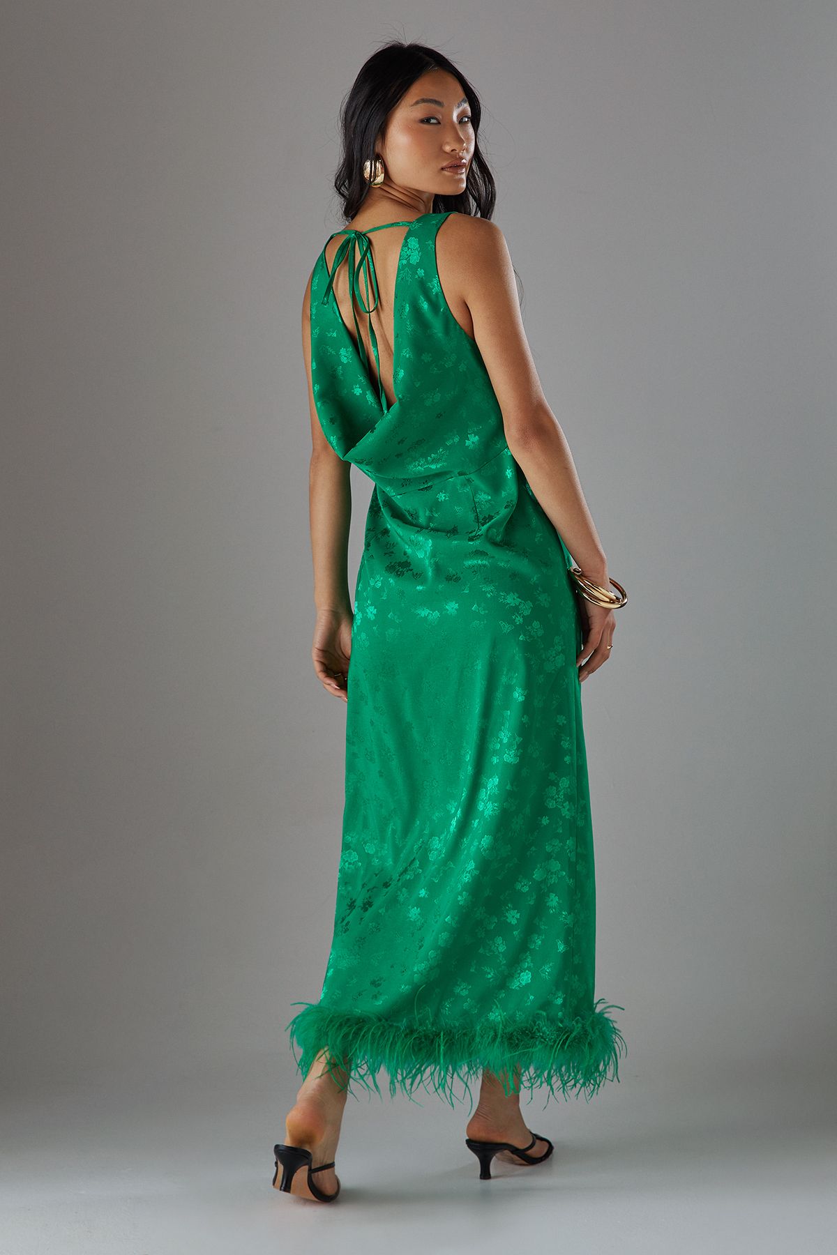 Warehouse Petite Satin Jacquard Feather Twist Front Cowl Back Midi Dress Green image 4