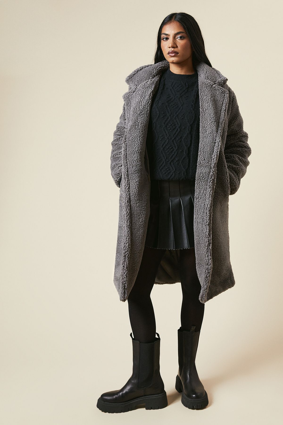 Dorothy Perkins Borg Collared Midi Coat Grey image 2