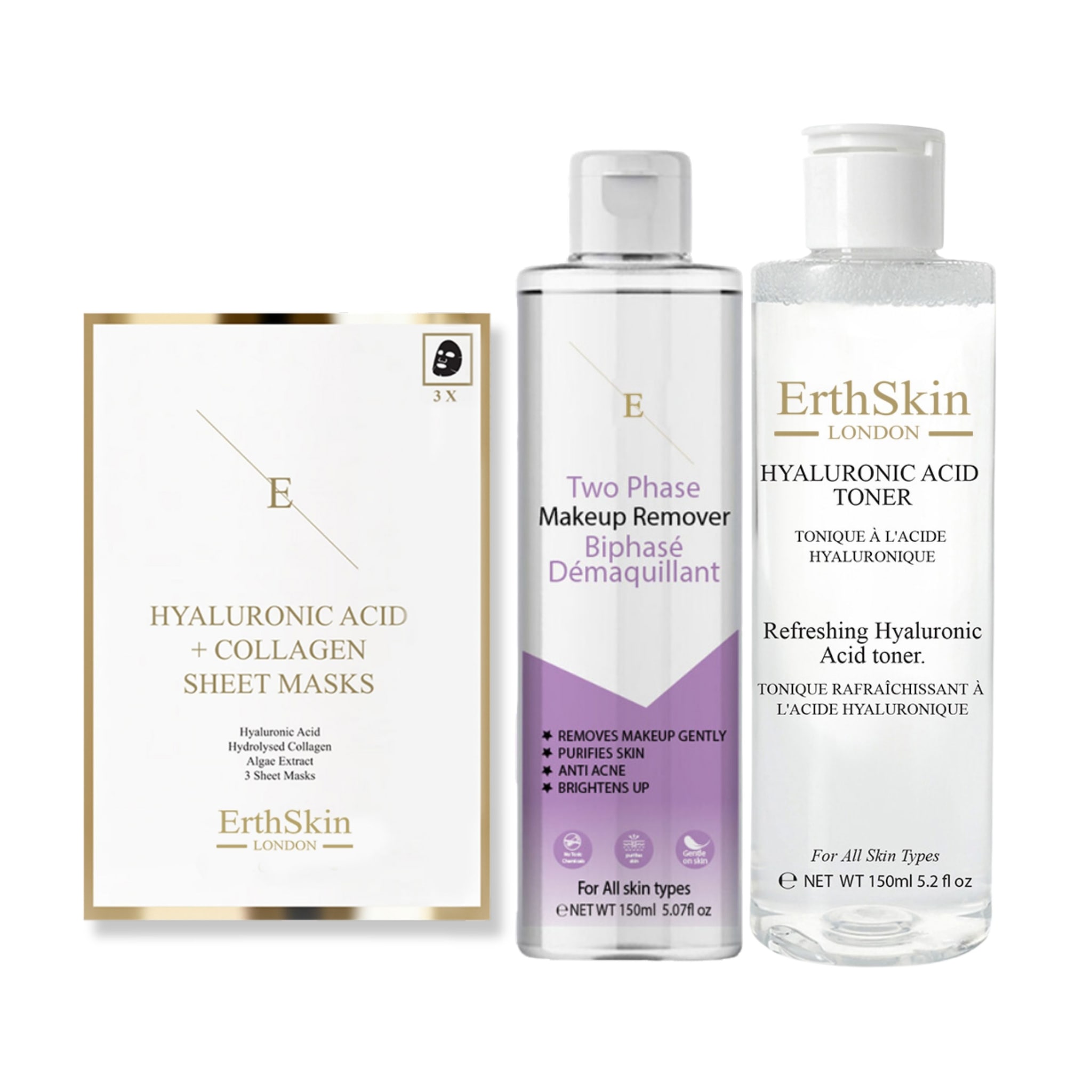 Erth Skin London Hydrating Trio: Makeup Remover 150ml + HA Toner 150ml & H. Collagen Sheet Mask image 1