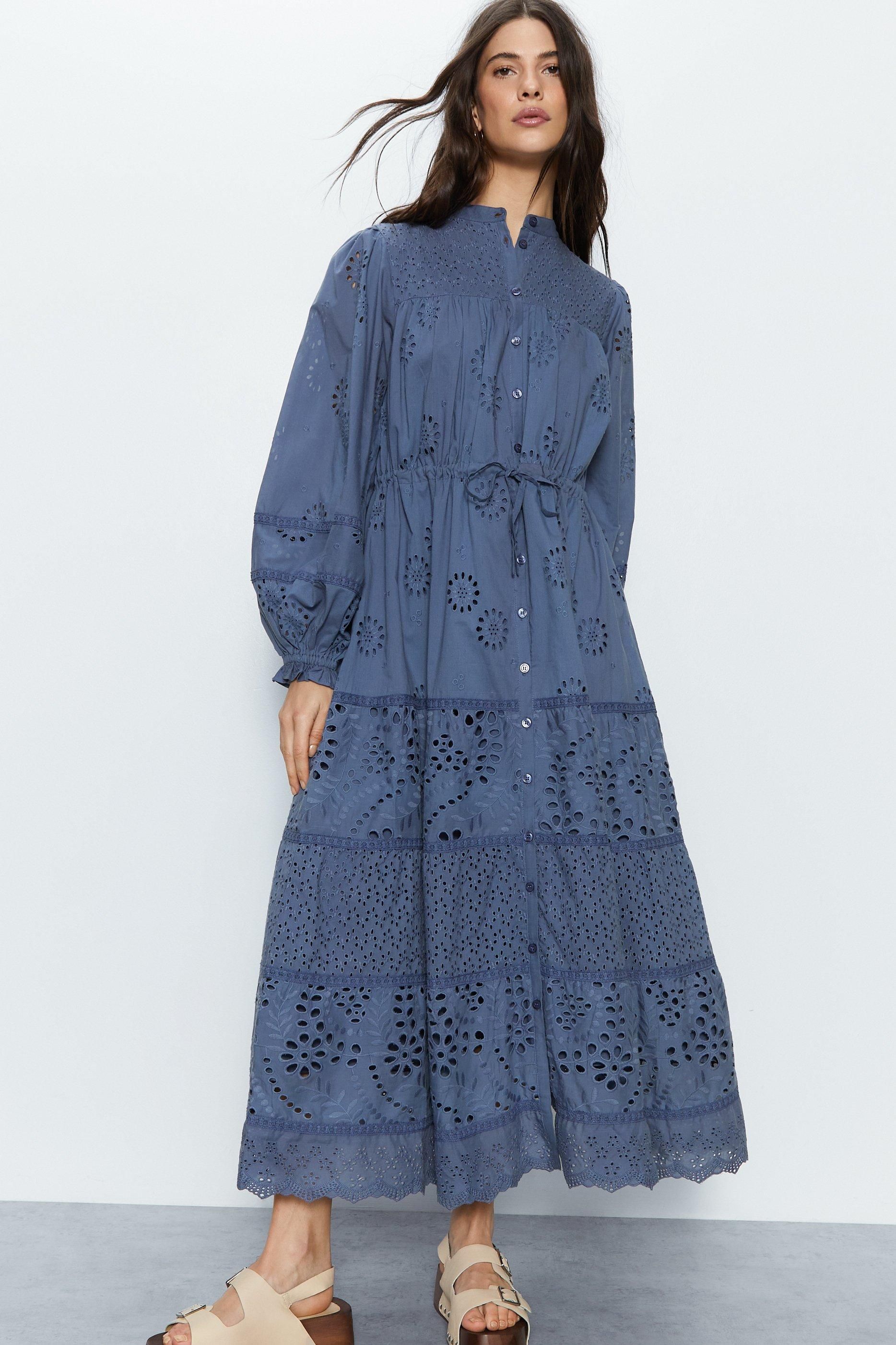 Warehouse Blue Broderie Drawstring Waist Midi Dress PLT