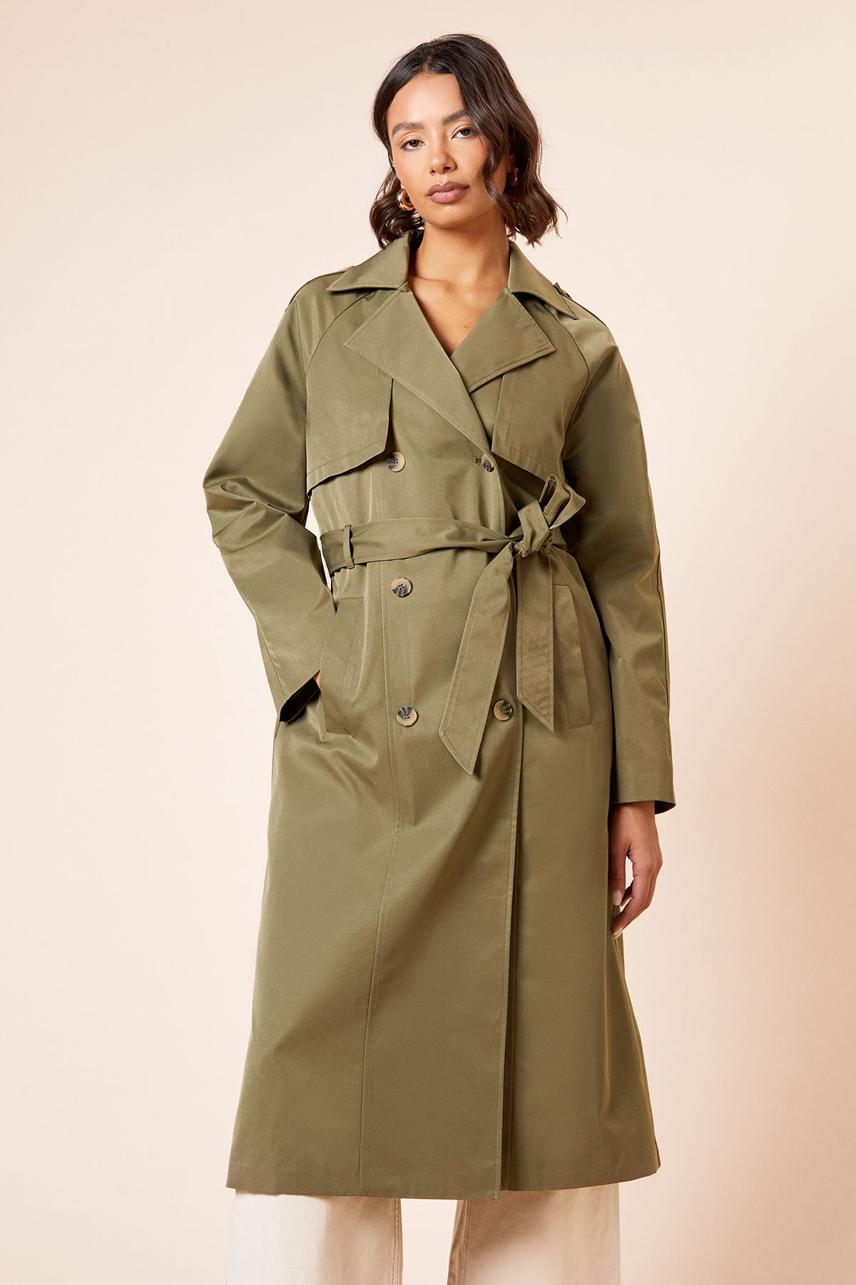 Dorothy Perkins Longline Double Breasted Belted Trench Coat Khaki image 2