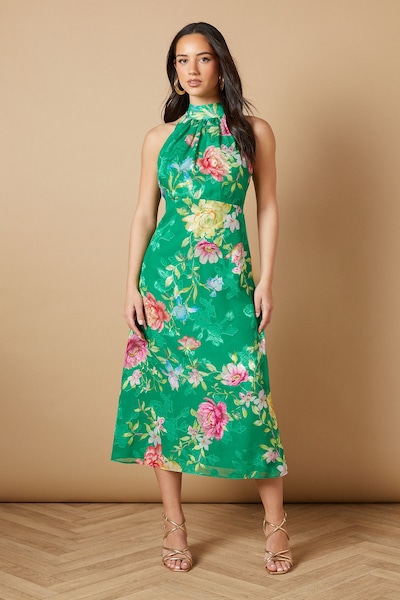 Oasis Floral Satin Burnout Halterneck Midi Dress Green