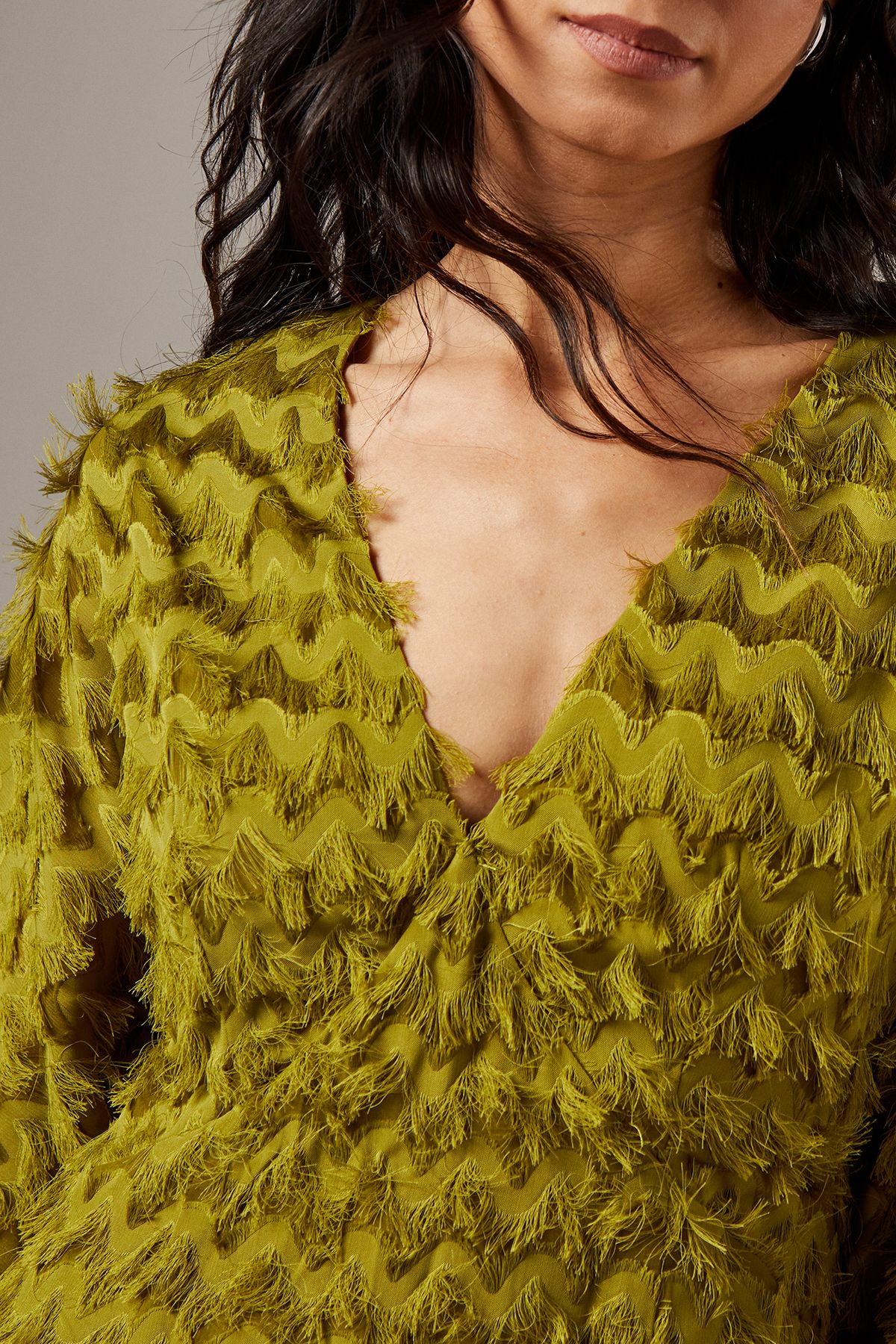 Warehouse Fluffy Plunge Neck Batwing Midi Dress Chartreuse image 5