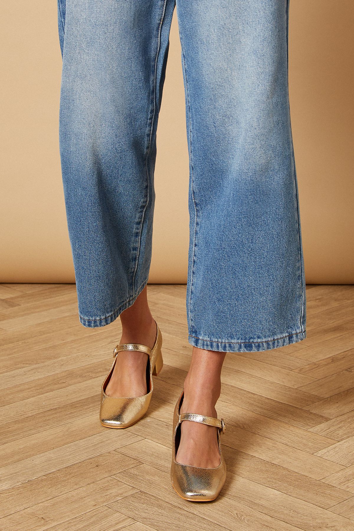 Oasis Romy Faux Metallic Leather Mary Jane Low Block Heeled Shoes Gold image 2