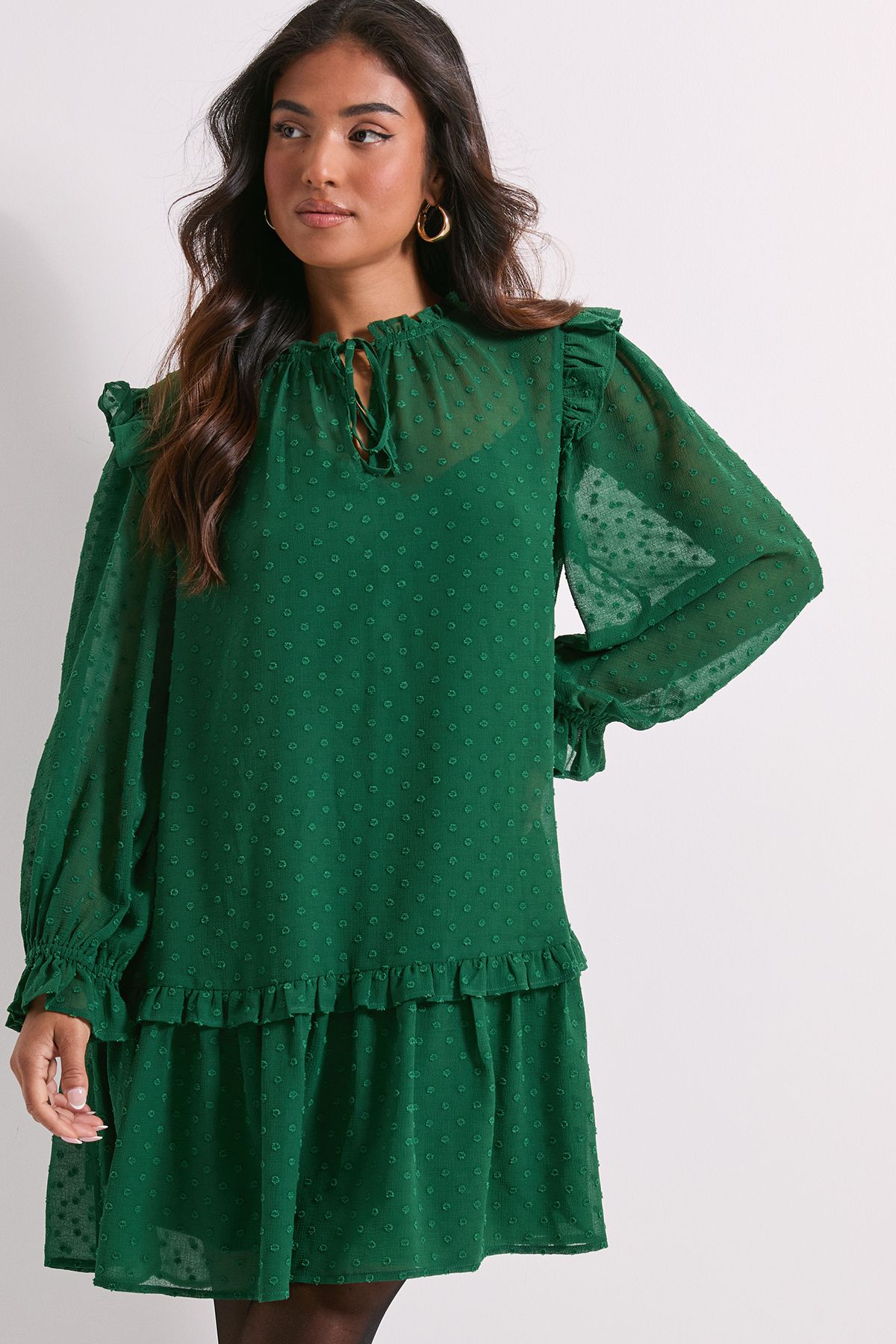 Dorothy Perkins Petite Tiered Hem Tie Neck Shift Dress Green image 2