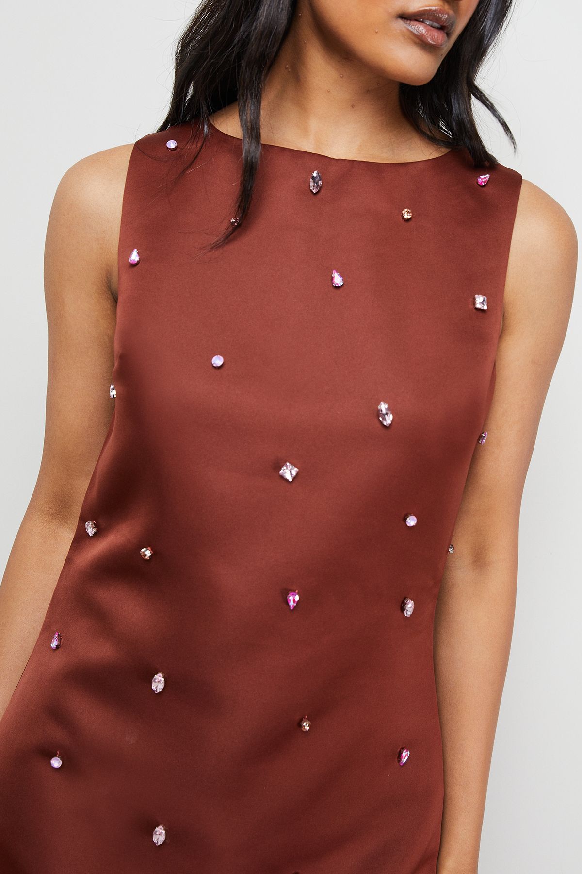 Warehouse Embellished Structured Sleeveless Sequin Mini Dress Chocolate image 5