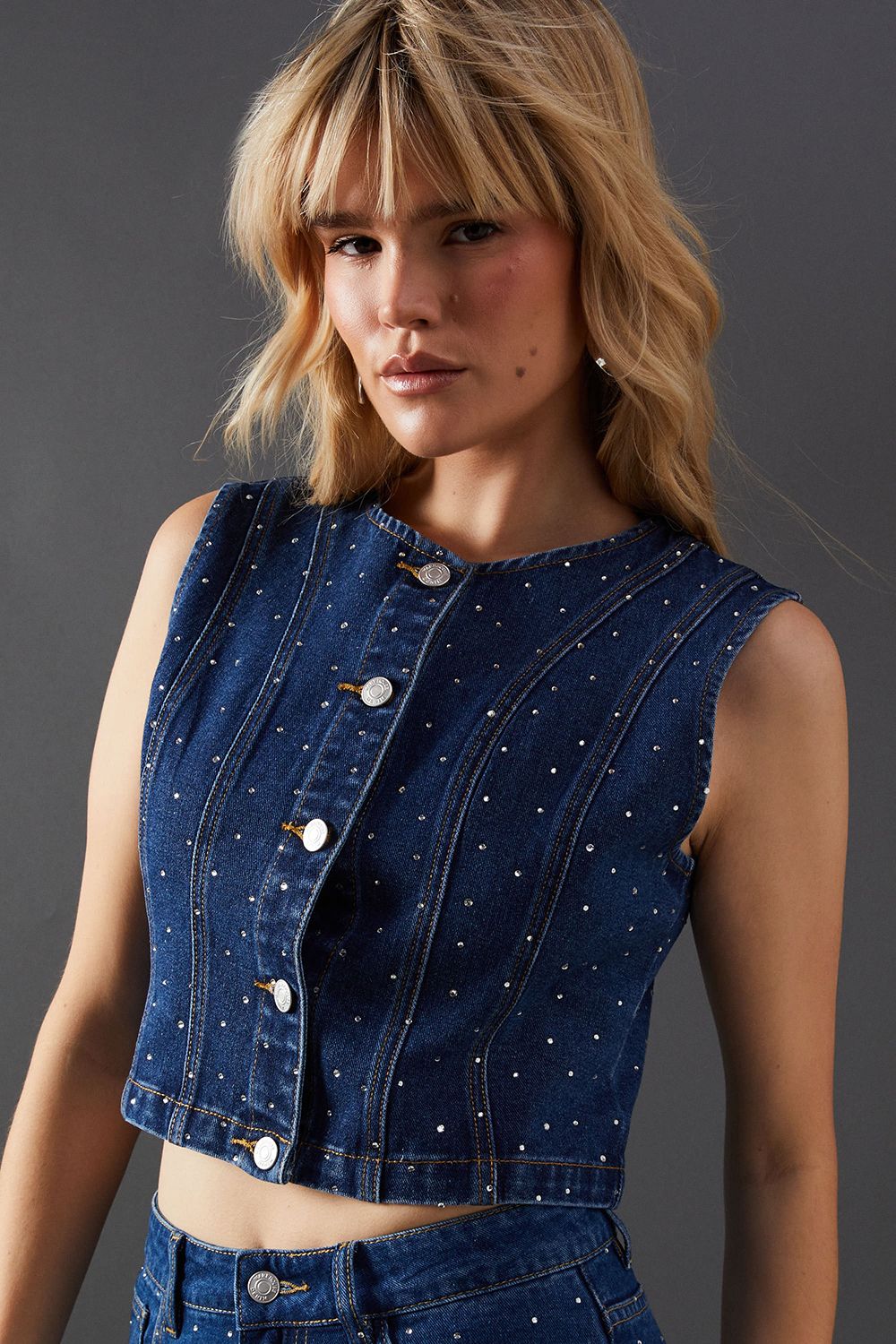 Warehouse Denim All Over Hotfix Button Waistcoat Dark Wash image 3