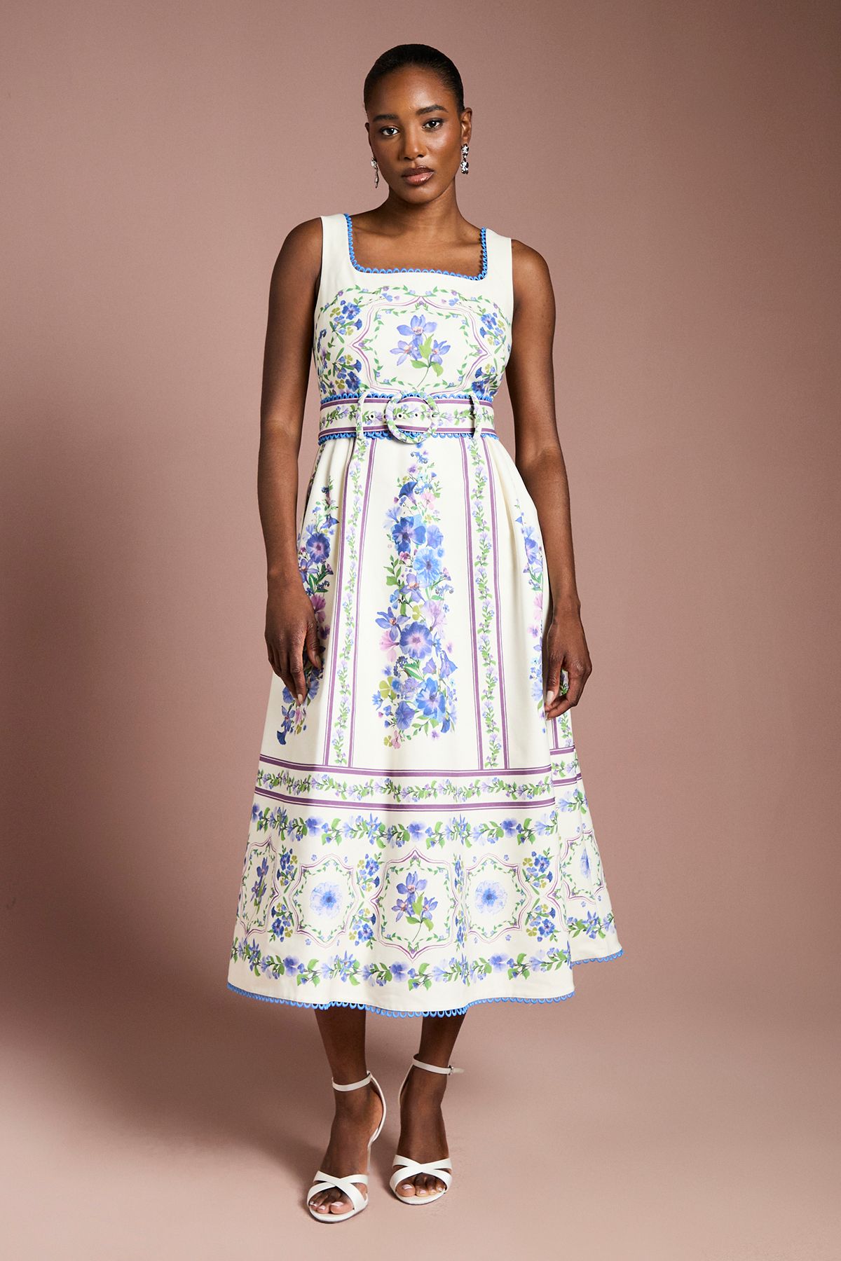 Coast Belted Floral Placement Print Full Skirted Cotton Midi Dress Ivory image 1