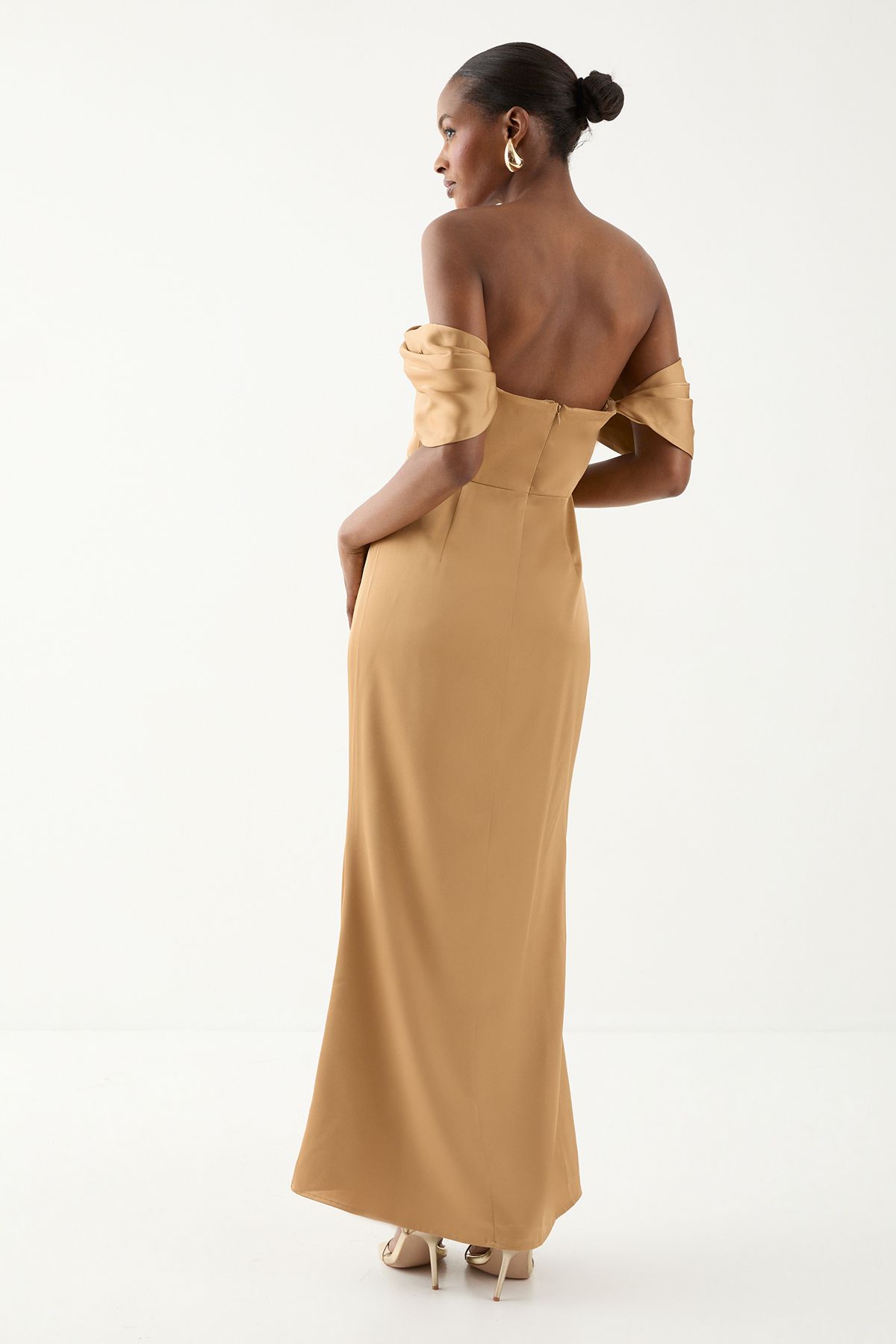 MissPap Bardot Ruched Satin Bridesmaid Dress Bronze image 4