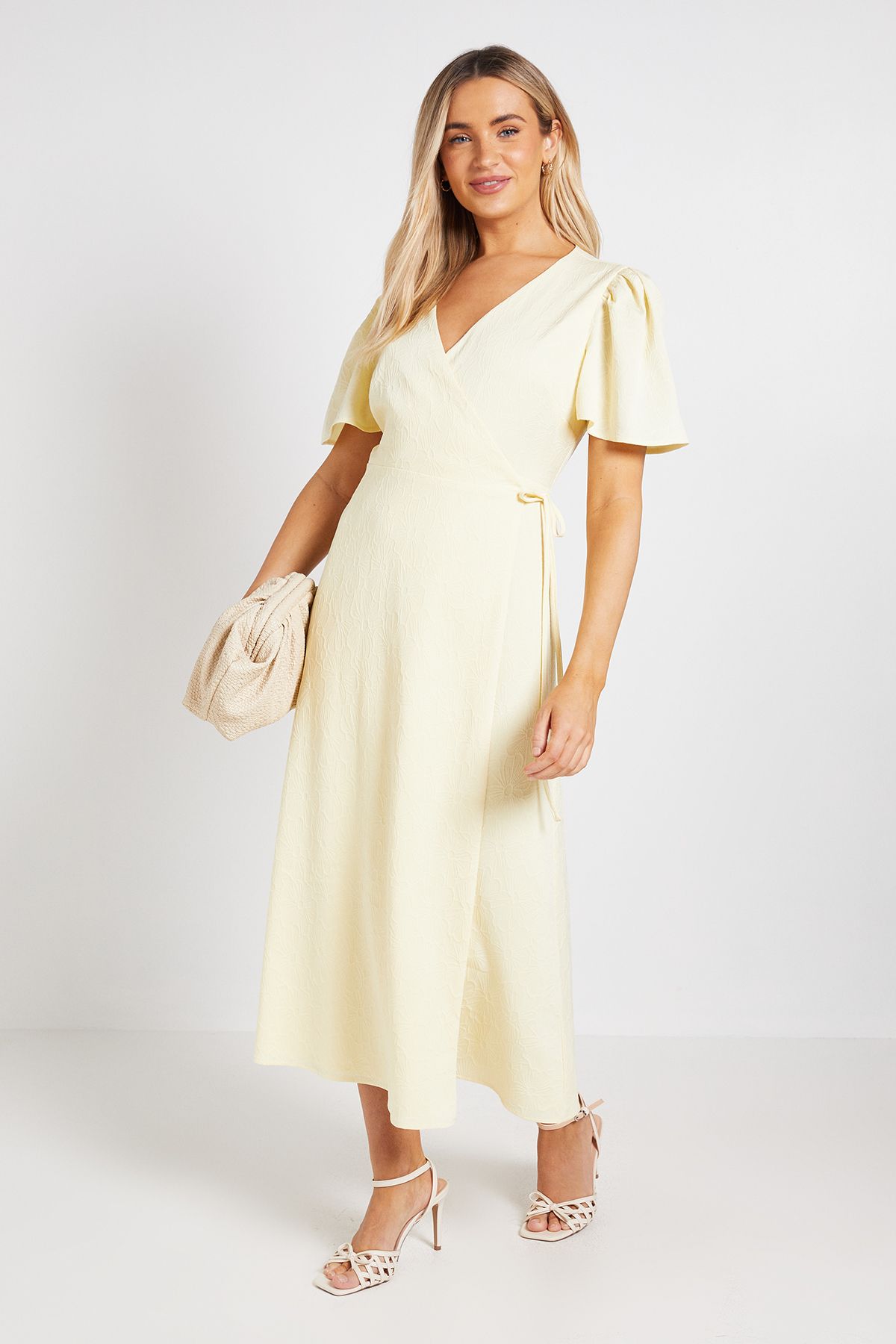 Dorothy Perkins Flutter Sleeve Wrap Midi Dress Yellow