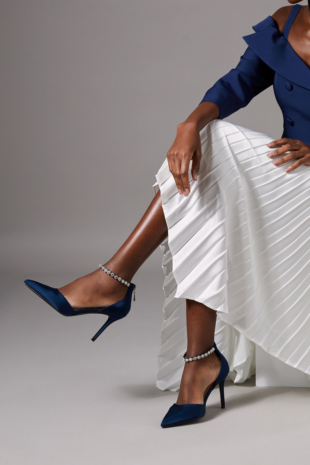 Coast Wide Fit Tatiana Satin Jewelled Anklet High Stiletto Court Shoes Navy