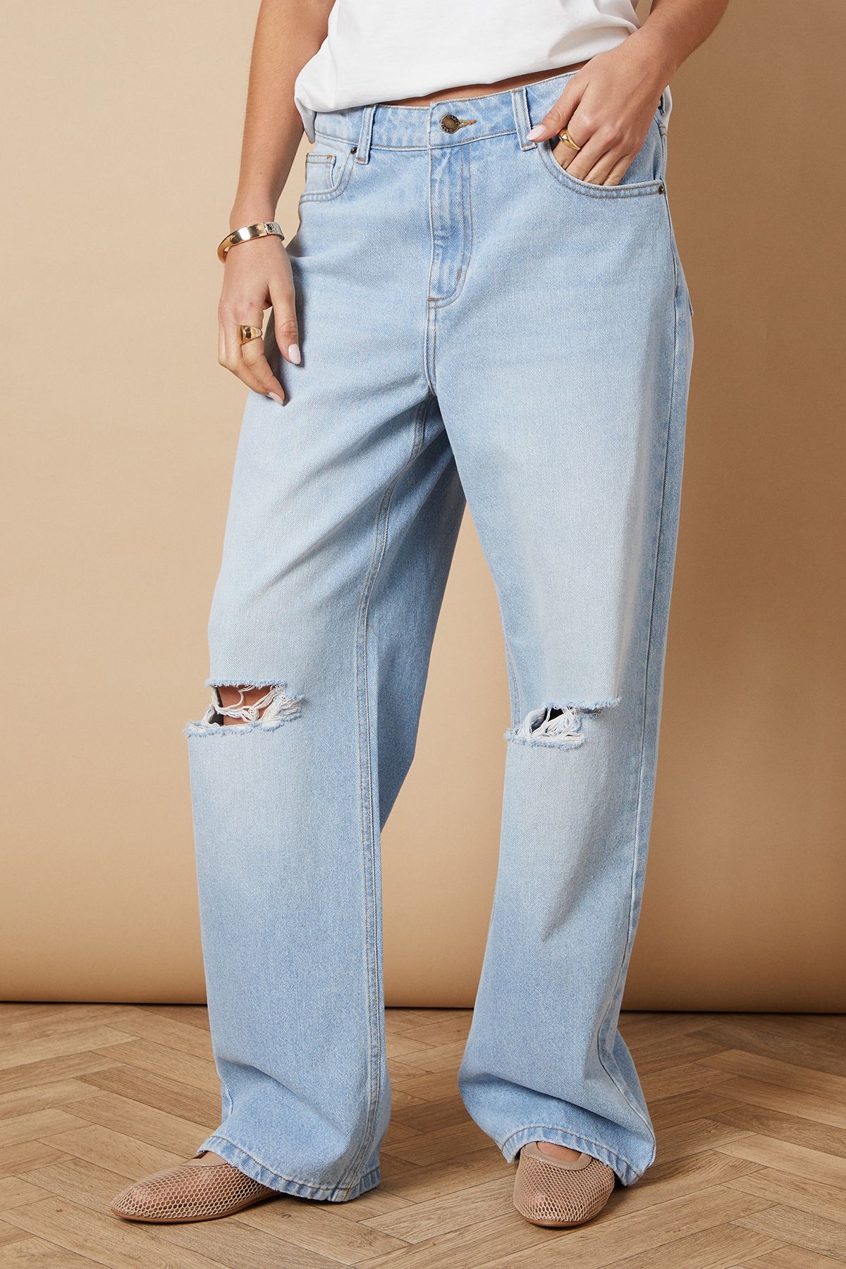 Oasis Denim Straight Leg Jean With Rips Light Wash image 2