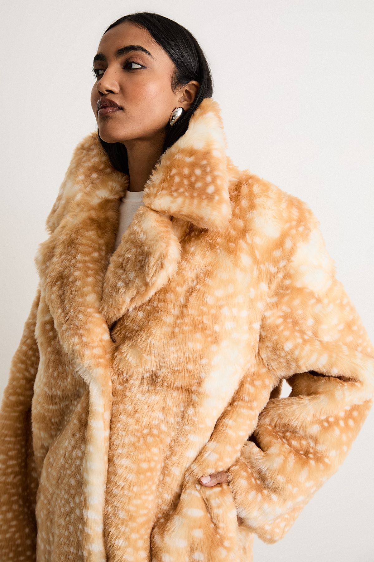 Warehouse Premium Deer Jacquard Faux Fur Coat Tan image 2