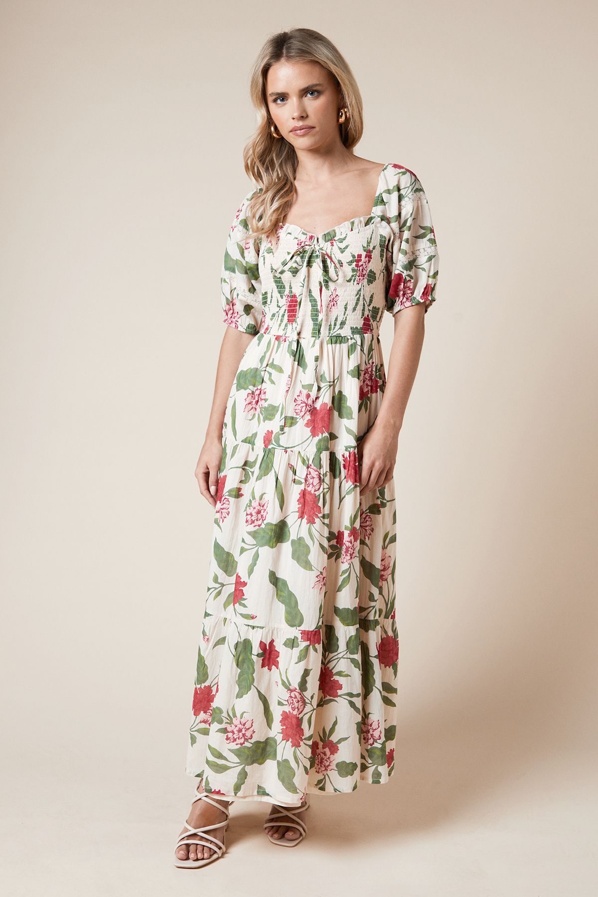 Dorothy Perkins Petite Shirred Bodice Tie Front Midi Dress Floral image 1