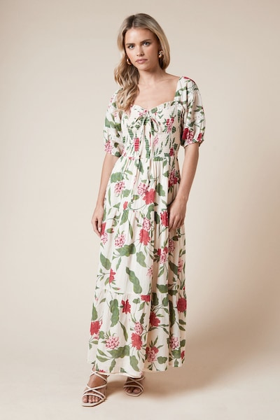 Dorothy Perkins Petite Shirred Bodice Tie Front Midi Dress Floral