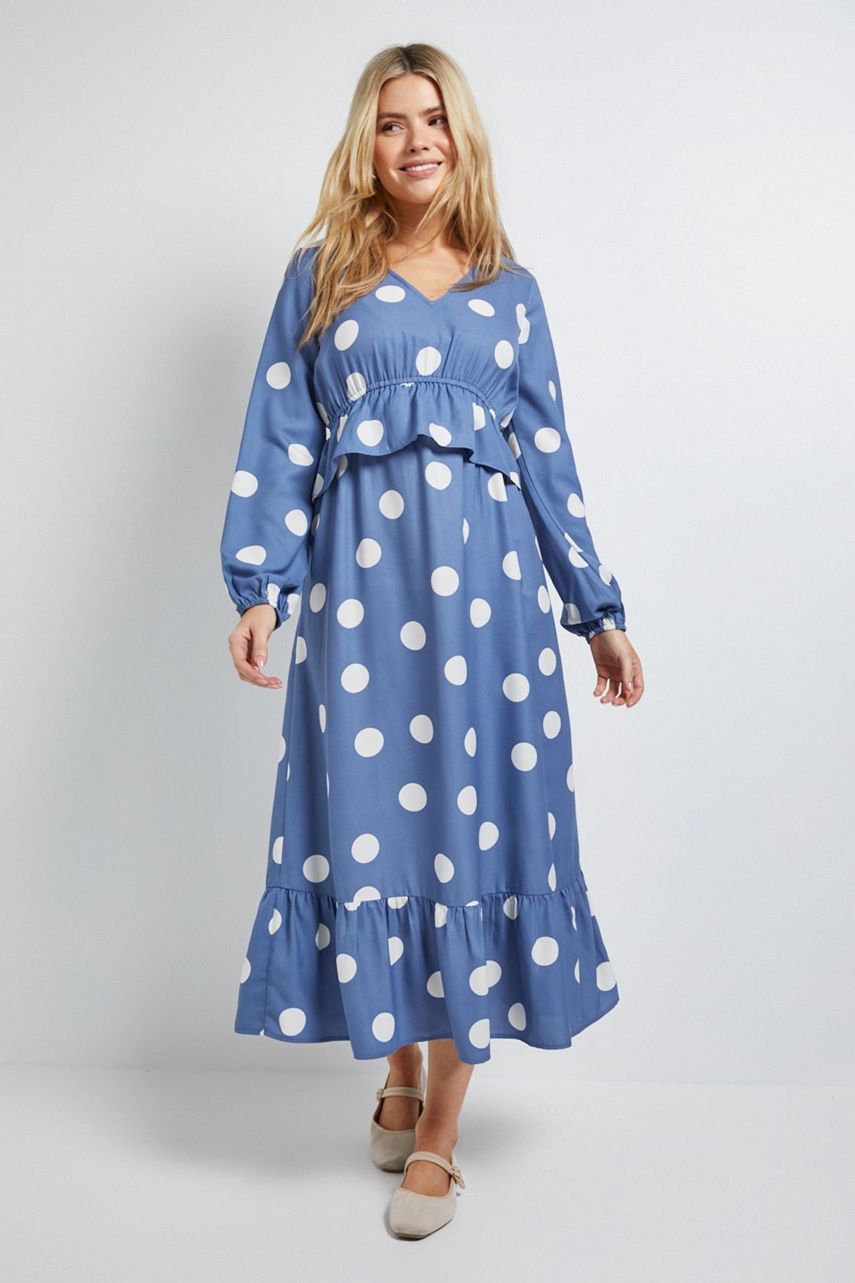 Dorothy Perkins Blue Spot Shirred Waist Long Sleeve Maxi Dress Blue