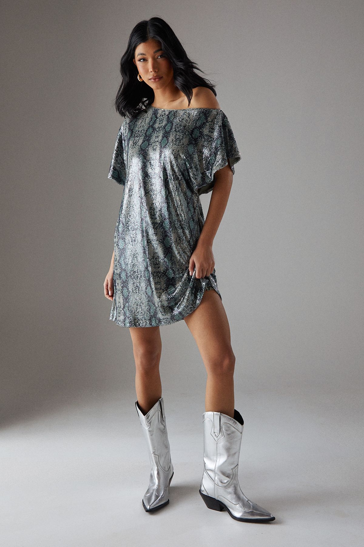 Warehouse Snake Sequin Fallen Shoulder Slouchy Mini Dress Khaki