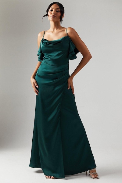 Coast Cowl Neck Ruffle Detail Satin Bridesmaid Dress Emerald