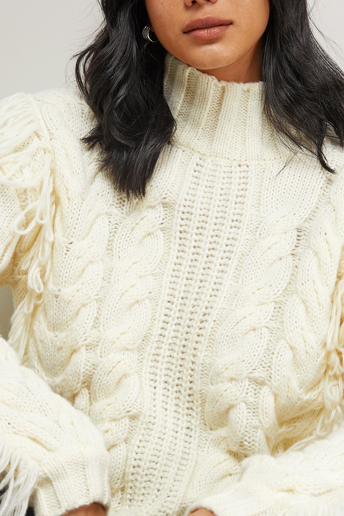 Warehouse Fringe Cross Back Cable Jumper Cream image 5