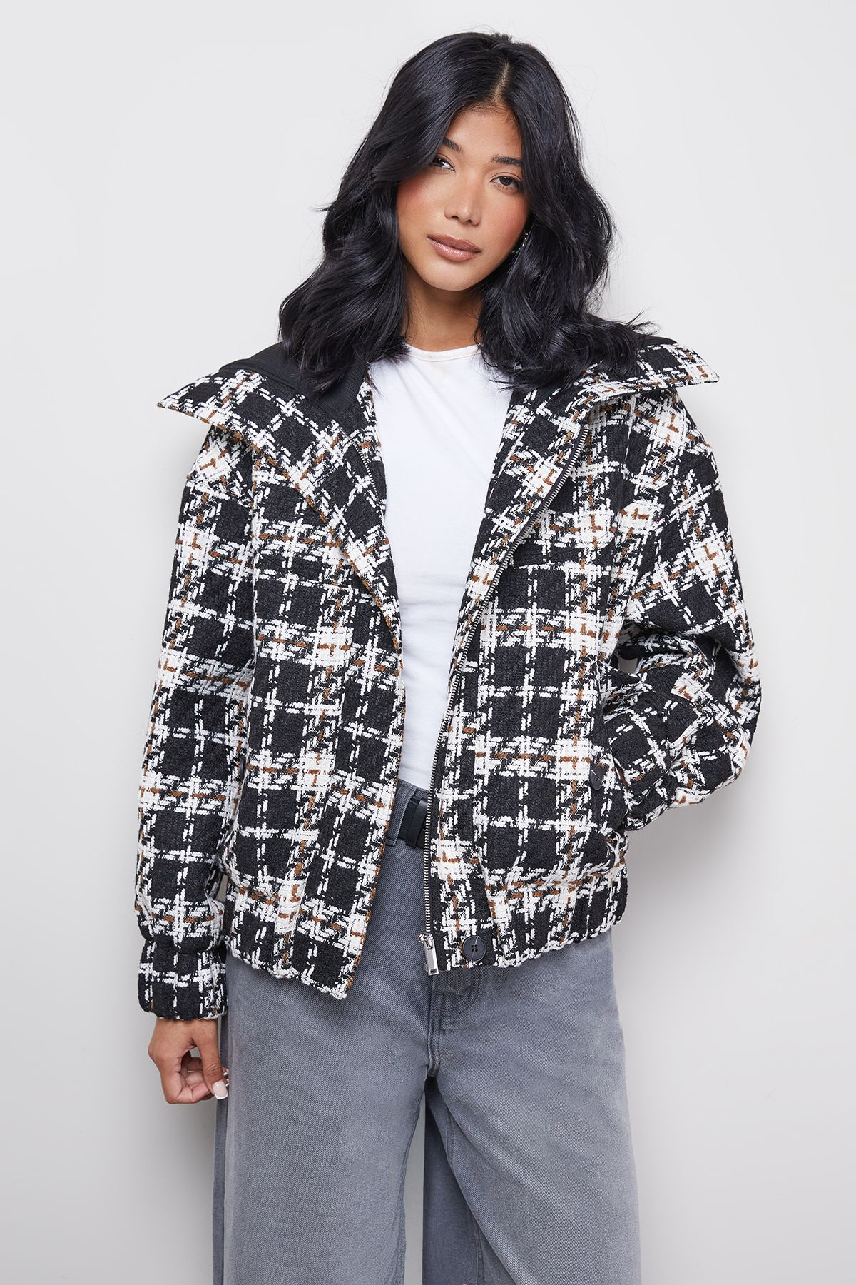 Warehouse Oversized Check Chunky Rib Bomber Mono image 1