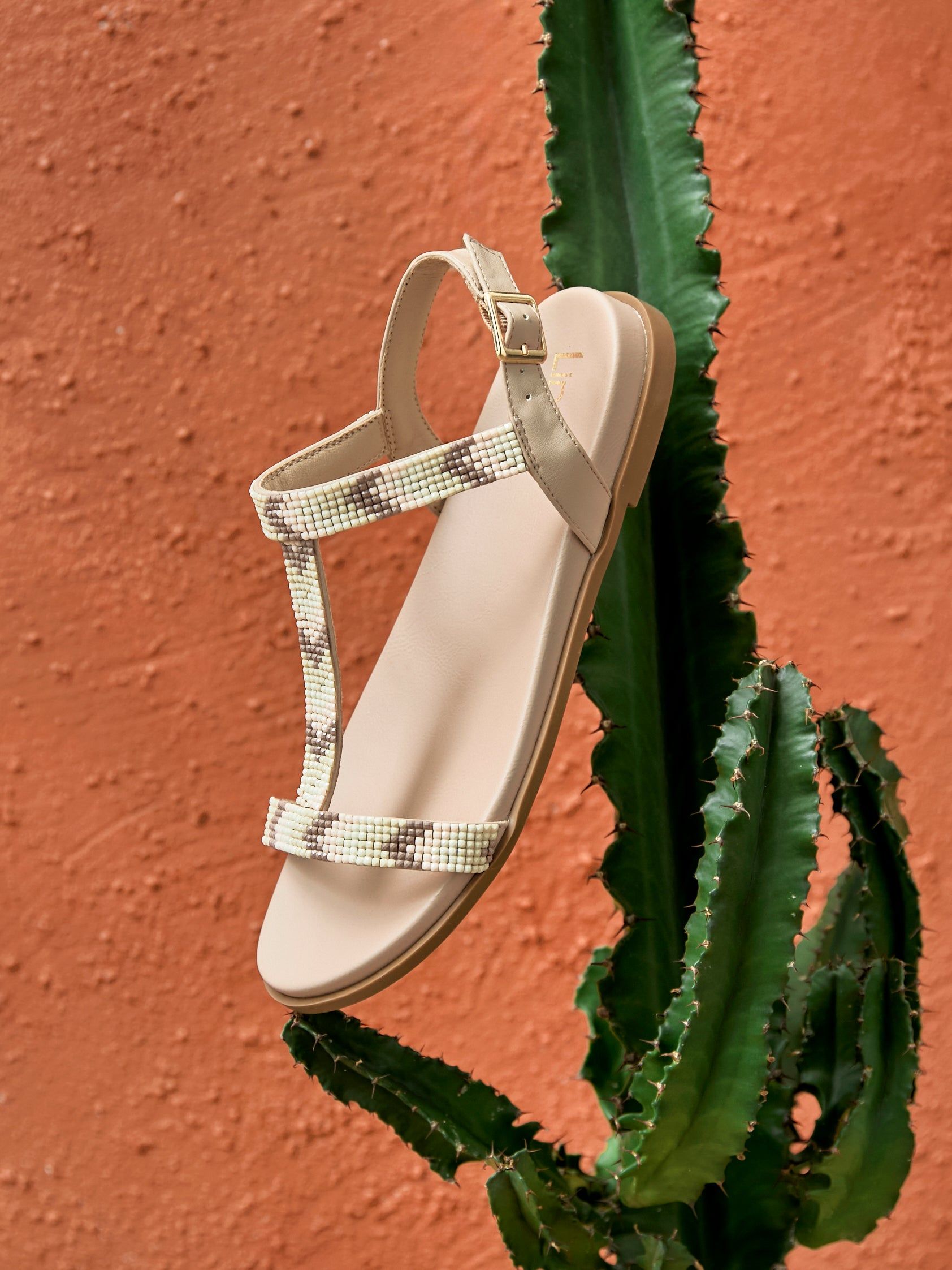 Linzi Sandie Taupe Faux Leather T-Bar Embellished Flat Sandals image 2