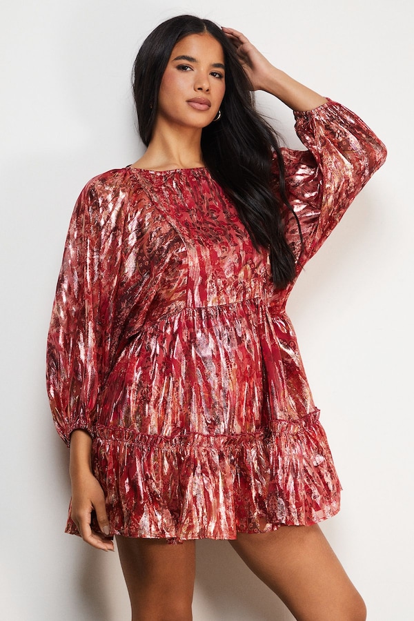 Warehouse Metallic Jacquard Volume Sleeve Mini Dress Floral