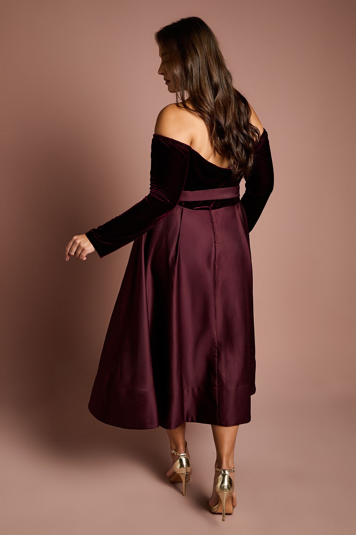 Coast Plus Size Long Sleeve Bardot Full Skirted Midi Dress Wine image 3