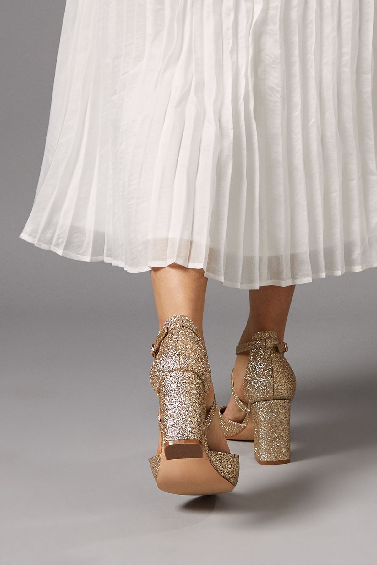 Coast Wide Fit Treat Faux Suede Cross Strap Pointed Block Heel Court Shoes Gold image 4