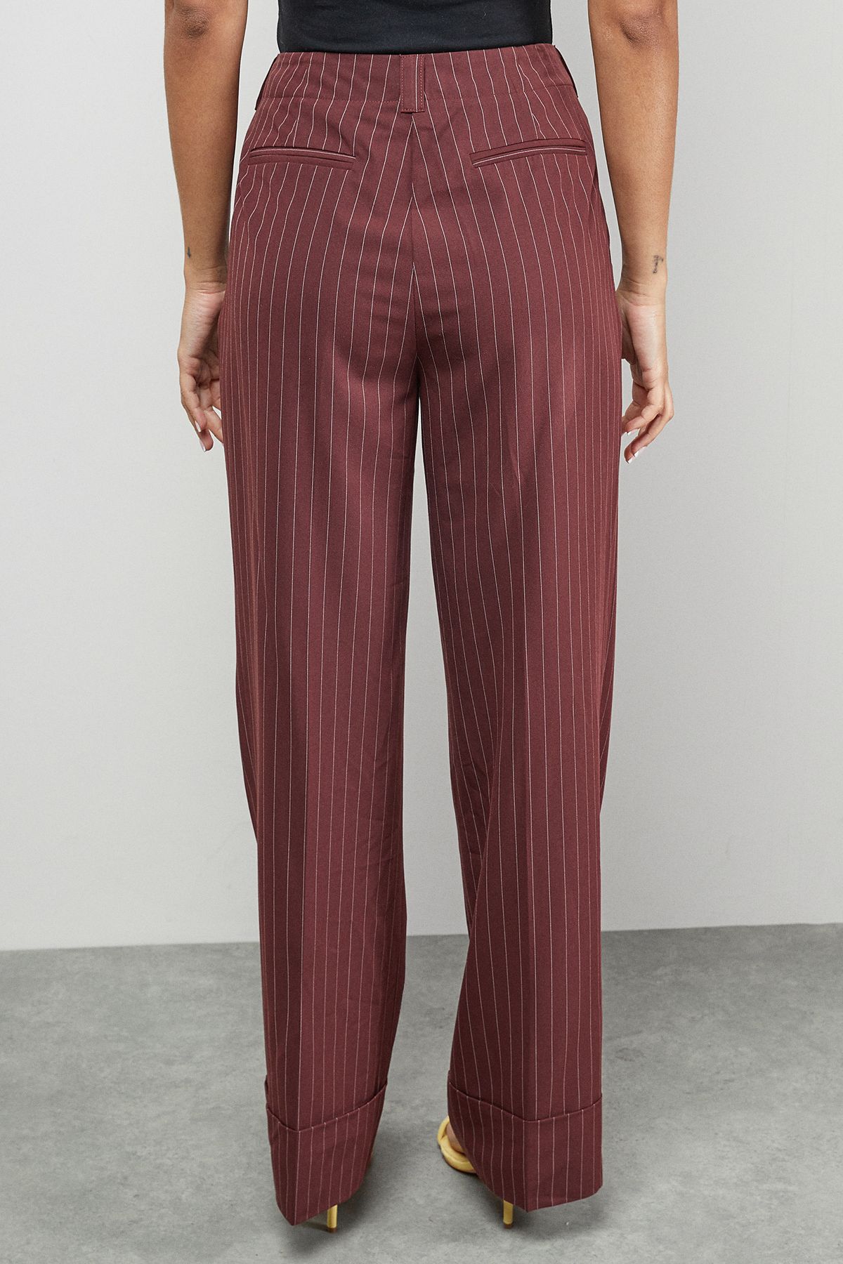 Warehouse Pinstripe Turn Up Wide Leg Trouser co ord Choc Brown image 3
